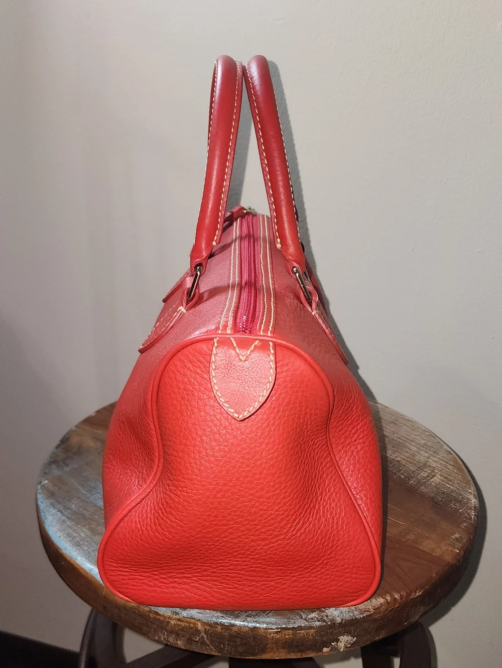 Dooney & Bourke Red Pebbled Soft Leather Barrel Satchel Purse